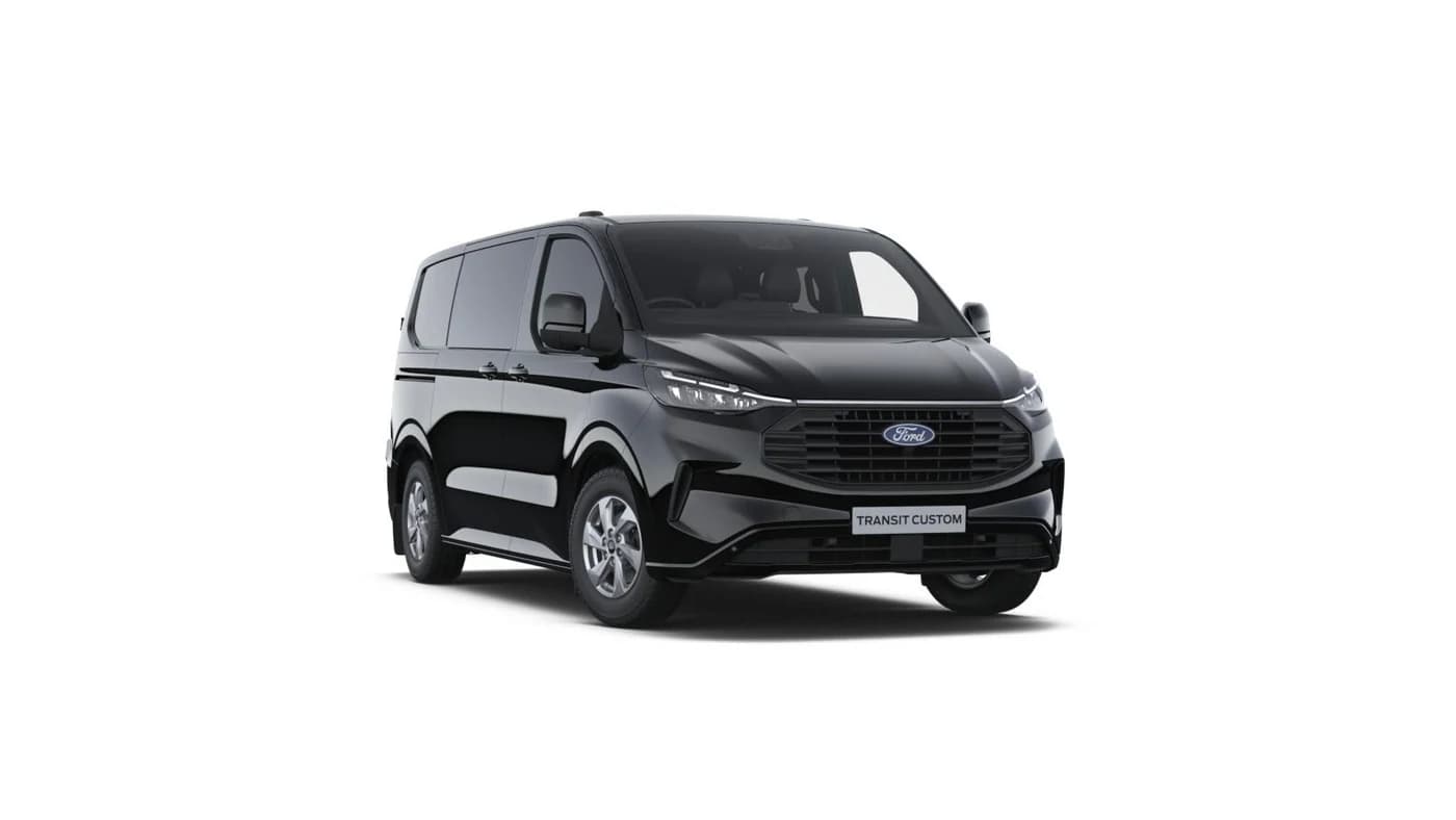 Agate Black Ford Transit Custom Limited L1 Double Cab diesel, front three-quarter view