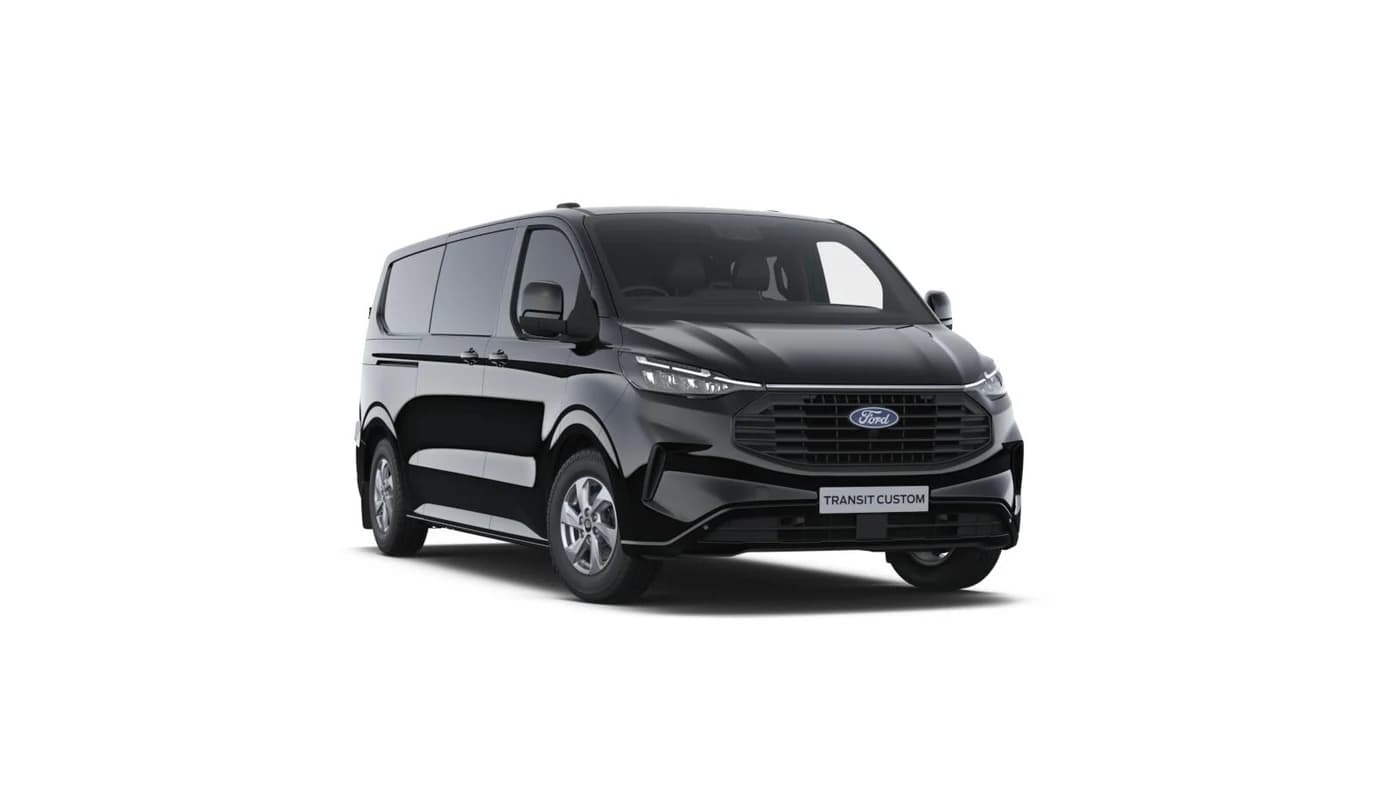 Agate Black Ford Transit Custom Limited L2 Double Cab diesel, front three-quarter view